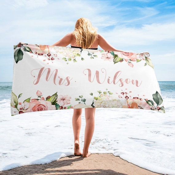 Personalized Gift For Bride, Custom Beach Towel, Rose Gold Mrs Gift, Bachelorette Party Favor, Bridal Shower Weekend, Watercolor Flower Gift