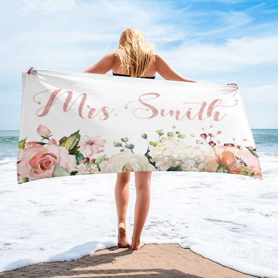 Gift For Bride, Personalized Towel, Rose Gold Mrs Gift, Custom Beach Towel, Bachelorette Party, Bridal Shower Favor, Watercolor Flower Gift