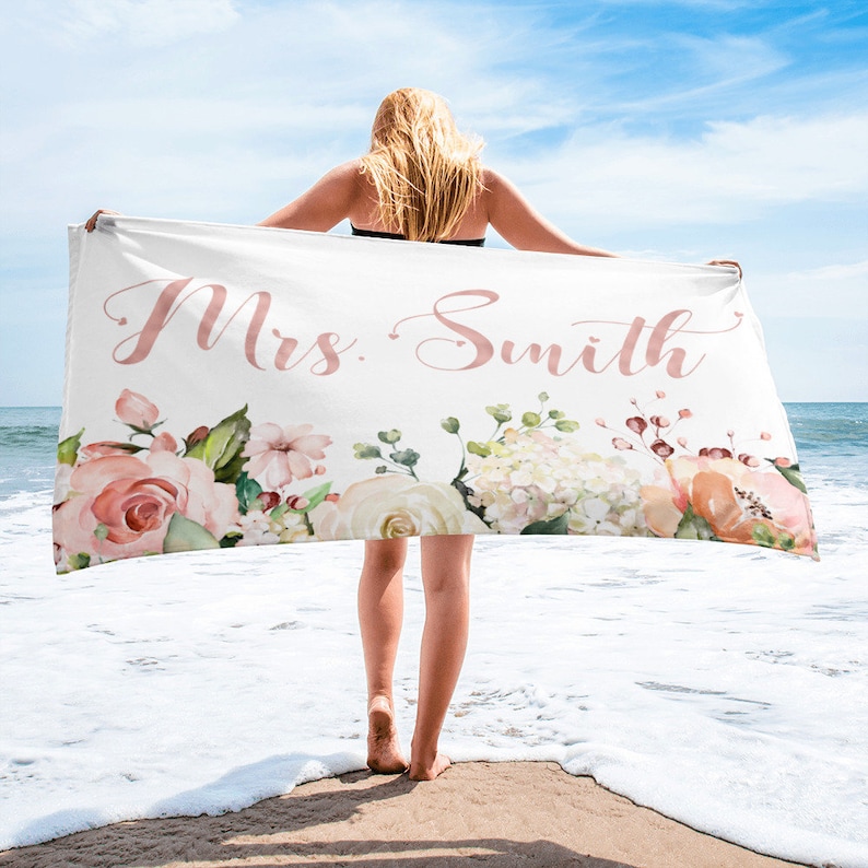 Gift For Bride, Personalized Towel, Rose Gold Mrs Gift, Custom Beach Towel, Bachelorette Party, Bridal Shower Favor, Watercolor Flower Gift image 1