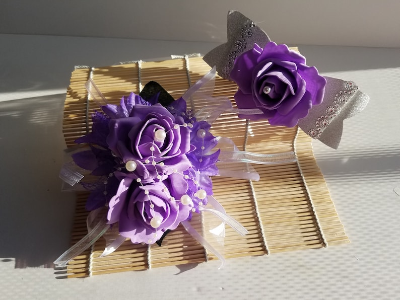 Purple and Silver Wrist Corsage wmatching Hair Clip