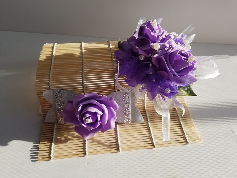 Purple and Silver Wrist Corsage wmatching Hair Clip