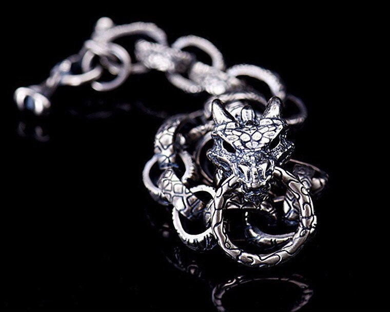 Sterling Silver Dragon Braceletmens Bracelet Silver Chain Etsy