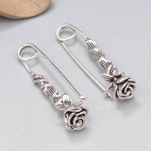 Sterling Silver Rose Safety Pin,Rose Safety Pin Charm Pendant