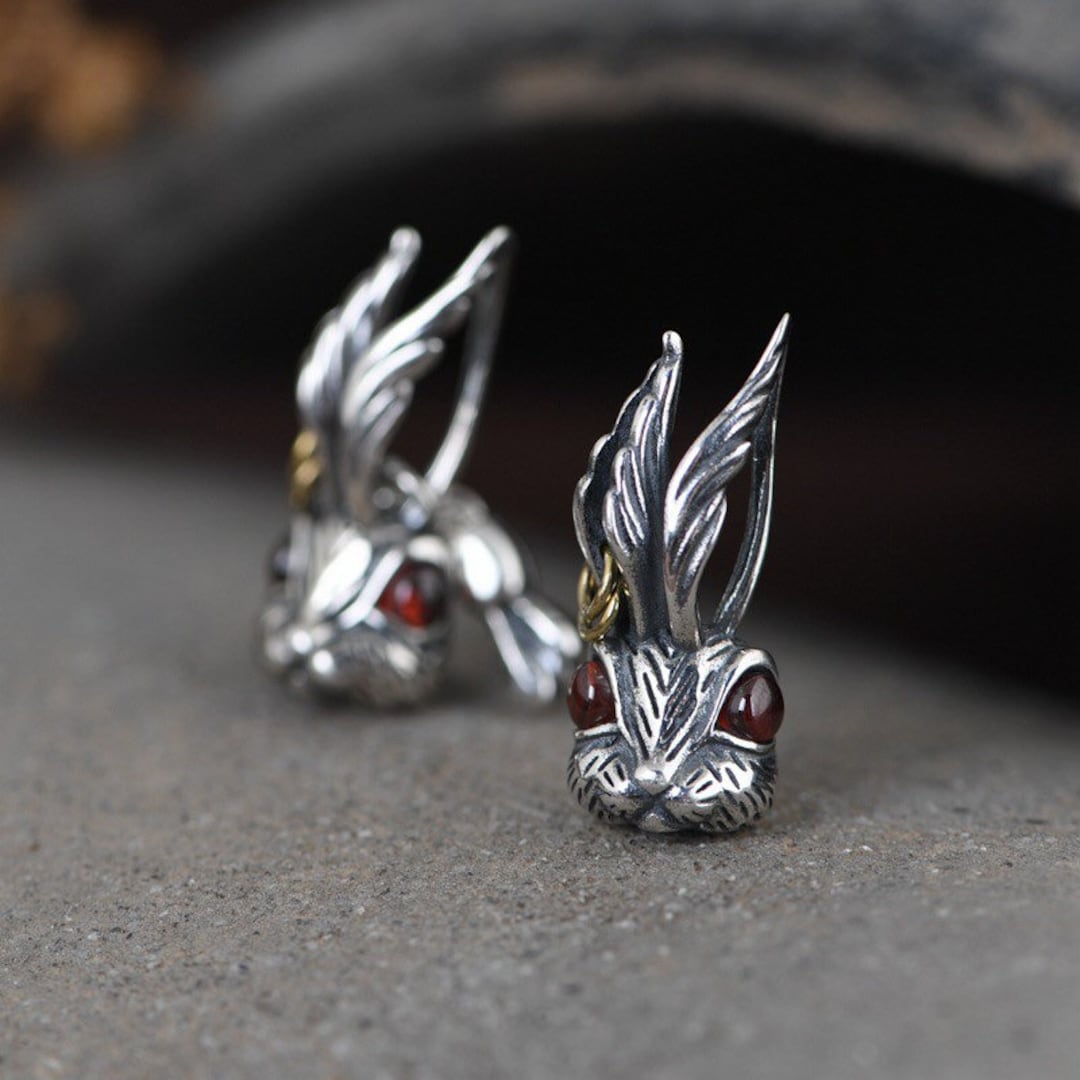 Sterling Silver Rabbit Pendant, Asymmetric Rabbit Earrings, Silver ...