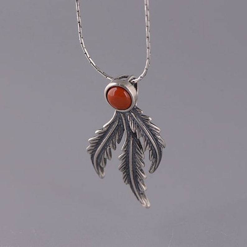 Sterling Silver Vintage Feather Inlaid Carnelian Pendant Feather Charms,Necklace Chain Pendant,Silver Jewelry