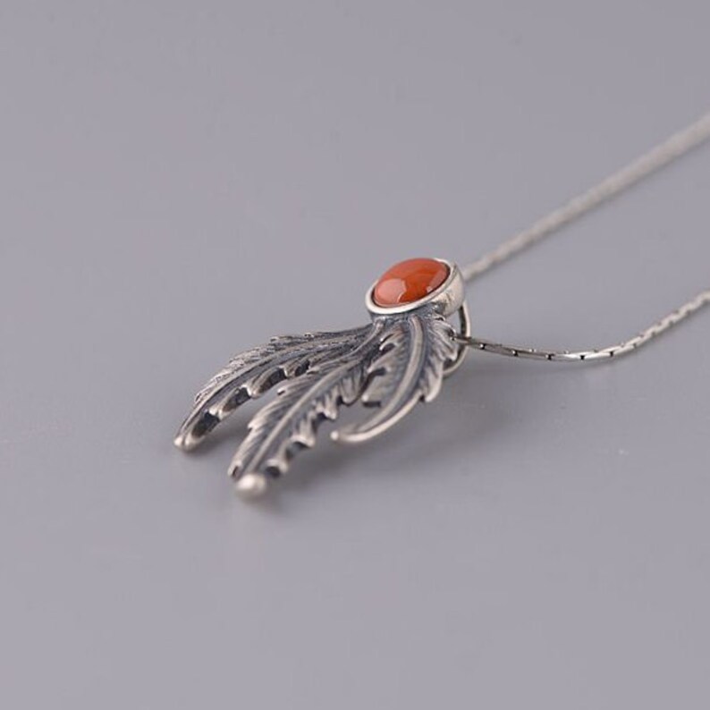 Sterling Silver Vintage Feather Inlaid Carnelian Pendant Feather Charms,Necklace Chain Pendant,Silver Jewelry