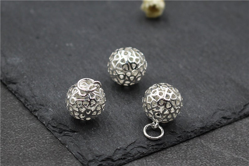 Handmade Silver Jewelry Necklace Bracelet Earrings Charm 11MM Sterling Silver Hollow Ball Bead Pendant Charm