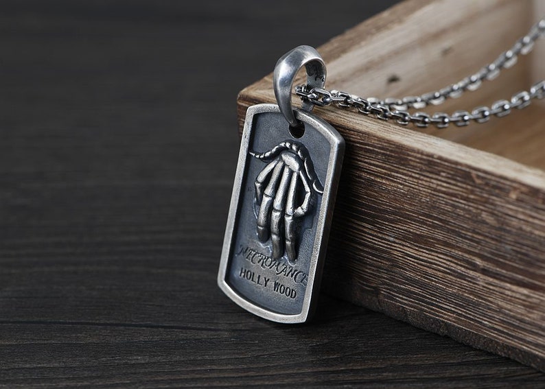 Sterling Silver Skeleton Hand Dog Tag Pendant,Silver Skull Pendant Vintage Pendant,Gothic Punk Silver Jewelry,Pendant For Men
