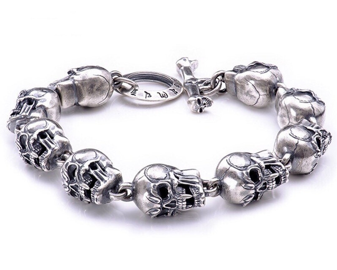 Sterling Silver Skull Bracelet mens Braceletvintage - Etsy