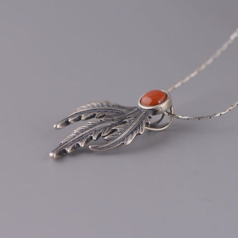 Sterling Silver Vintage Feather Inlaid Carnelian Pendant Feather Charms,Necklace Chain Pendant,Silver Jewelry