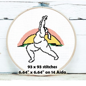 May include: Cross stitch pattern of a person doing yoga in front of a sunset. The pattern is 93 x 93 stitches and measures 6.64 inches by 6.64 inches on 14 count Aida cloth.