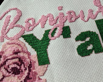 Y&#39;all Cross Stitch PATTERN, Bonjour Y&#39;all,  funny cross stitch, french teacher gift, floral cross stitch, Paris lover gift, gift for france