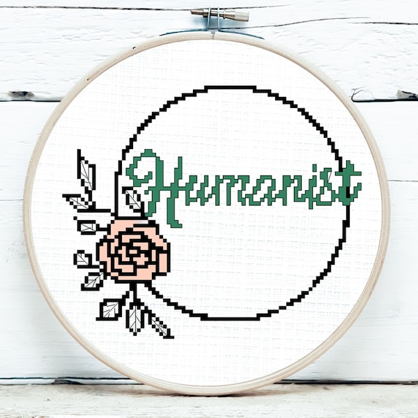 Humanist Cross Stitch PATTERN, digital download pdf, Cross stitches for atheists, Secular Humanist, floral wreath, social justice