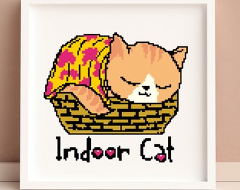 Cross Stitch Pattern for Beginners, Indoor Cat, Hygge Cross Stitch, Cat Lover Gift, Cat Cross Stitch Pattern, Kitty, Kitten, Cute Pattern