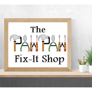 Pawpaw Cross Stitch PATTERN, The Pawpaw Fix-It Shop, Appalachian Cross Stitch, West Virginia Cross Stitch, Father&#39;s Day, Gifts for Grandpa