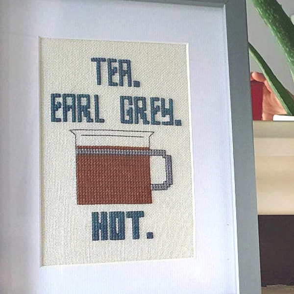 Star Trek Inspired Cross Stitch PATTERN, Tea Earl Grey Hot, Captain Picard, Jean Luc Picard, Star Trek TNG, geeky cross stitch, nerdy patter