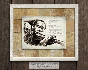 Pen & Ink Drawing, “The Music Maker,” Violinist Illustration, Inspirational Bible Quote Wall Decor, Printable Digital Download