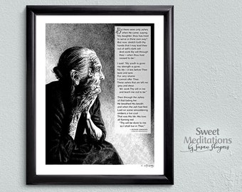 Pen & Ink Drawing, “Ashes,” Old Woman Illustration, Spiritual Poem, Inspirational Wall Decor, Printable Digital Download