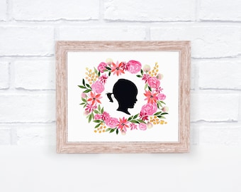 Custom Silhouette Portrait- Pink and Orange Floral Wreath