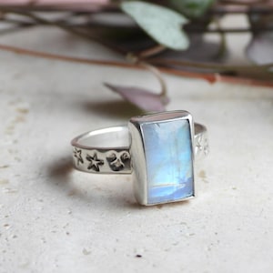 Può includere: Anello d'argento con una pietra rettangolare iridescente blu-bianca. La fascia presenta un motivo a stelle e floreale. L'anello è posto su uno sfondo neutro con vegetazione. Un gioiello.