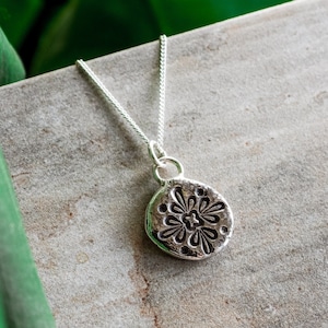 Rustic Mandala Charm Necklace, Recycled Sterling Silver Layering Pendant, Organic Textured Unique Jewellery, Engraved, Bohemian, Eco