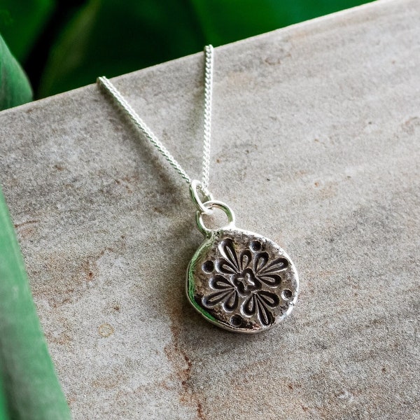 Rustic Mandala Charm Necklace, Recycled Sterling Silver Layering Pendant, Organic Textured Unique Jewellery, Engraved, Bohemian, Eco