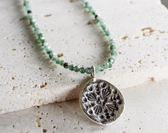 Dainty Emerald Charm Necklace, Beaded Crystal Healing Choker, Mandala Disc Pendant, Sterling Silver 925, Bohemian Style Jewellery, Custom