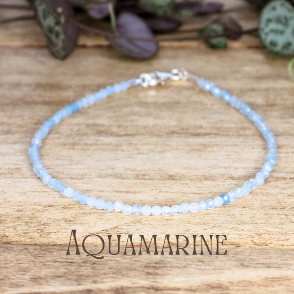 Sierlijke Aquamarijn Edelsteen Kralen Armband Maart Geboortesteen Sterling Zilver Minimalistisch Kristal Genezing Reiki IVF Stress Zorgen Eco Vriendelijk