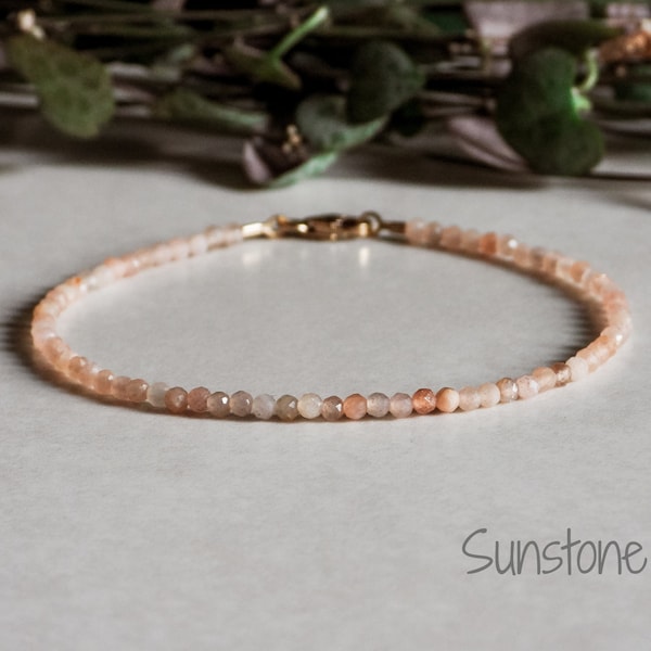 Dainty Sunstone Gemstone Bracelet Made With Gold Filled of Solid 9ct Gold Clasp, Crystal Healing Beaded Bracelet, Minimalist Jewellery