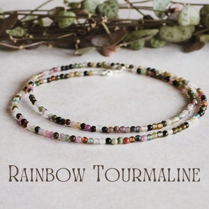 Dainty Rainbow Tourmaline Gemstone Necklace, Minimalist Crystal Healing Beaded Choker, October Birthstone, Custom Personalised Birthday Gift
