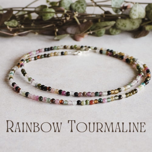 Dainty Rainbow Tourmaline Gemstone Necklace, Minimalist Crystal Healing Beaded Choker, October Birthstone, Custom Personalised Birthday Gift