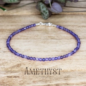 Dainty Amethyst Gemstone Healing Bracelet Sterling Silver Purple Crystal Anxiety Bracelet February Birthstone Minimalist Zodiac Meditation