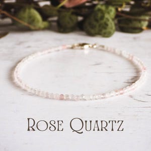 Dainty Rose Quartz Gemstone Bracelet, Minimalist 2mm Pink Crystal Healing Beaded Bracelet, Personalised Boho Silver Charm Jewellery, Eco
