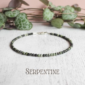 May include: A delicate bracelet made of small, round serpentine beads in green and black, secured with a silver clasp. The word "SERPENTINE" is printed below the bracelet. The bracelet's circumference is approximately 18 cm.