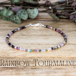 Faceted Rainbow Tourmaline Beaded Gemstone Bracelet Sterling Silver 925 Boho Stress Anxiety IVF Fertility Boho Bohemian Minimalist Eco