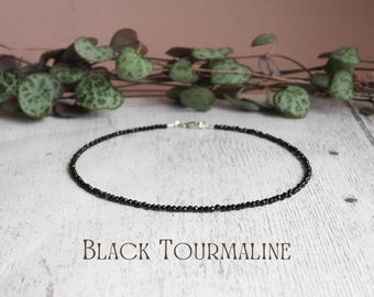 Dainty Black Tourmaline Gemstone Anklet: Protection Crystal Healing Anklet by Ula Jewellery, 925