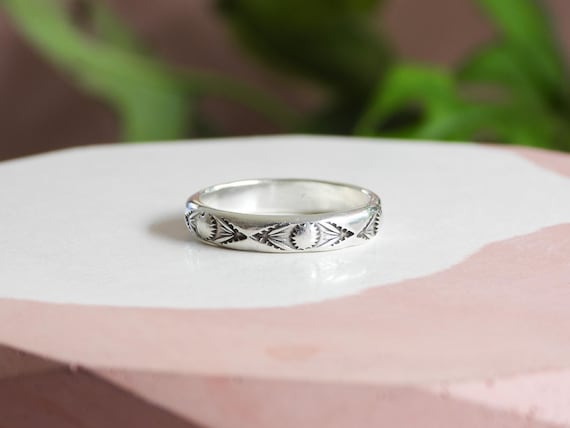 Bohemian Style Patterned Ring, Alternative Wedding Band, Aztec Style Stacking Ring, Custom Hand Made Jewellery, Recycled Silver 925, Eco