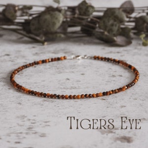 Dainty Tigers eye Gemstone Anklet, Custom Minimalist 2mm Crystal Healing Beaded Anklet, August Birthstone, Personalised Charm, Silver 925