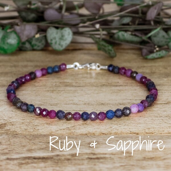Minimalist Ruby & Sapphire Bracelet, Adjustable Custom Crystal Healing Stacking Bangle, Zodiac, Waterproof, Gemstone, Pink, Blue, Birthstone
