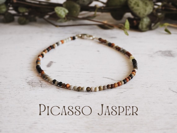 Dainty Picasso Jasper Gemstone Bracelet: Handmade 925 Creativity Crystal Charm by Ula Jewellery