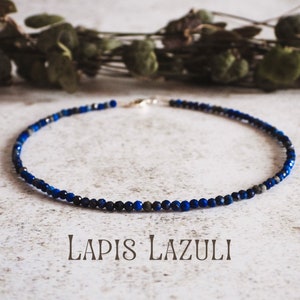 Dainty Lapis Lazuli Gemstone Anklet, Minimalist 2mm Blue Crystal Healing Anklet, September Birthstone, Personalised Silver 925 Charm, Eco