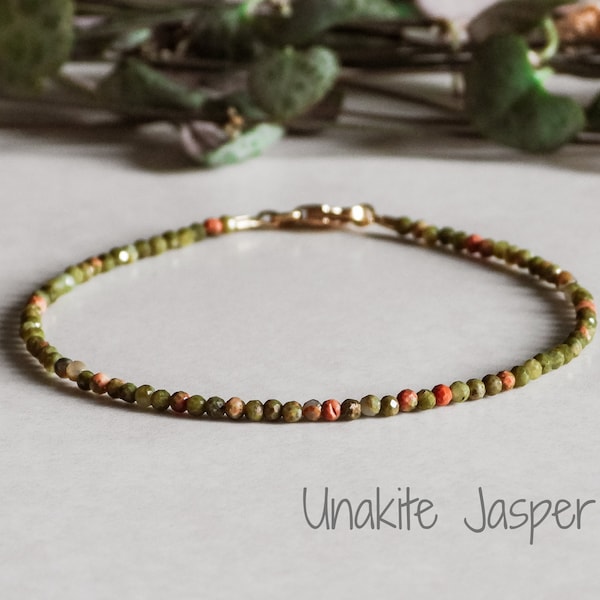 Dainty Unakite Jasper Bracelet Made With Gold Filled or Solid 9ct Gold Clasp, Stacking Bracelet, Gemstone Crystal Healing, Pregnancy Crystal