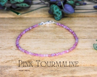 Sierlijke roze toermalijn edelsteen armband, aangepaste Crystal Healing Stacking Bangle, Sterling Zilver 925, oktober Birthstone, ochtendmisselijkheid