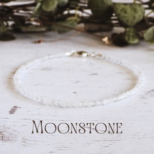 Dainty Moonstone Gemstone Bracelet, Minimalist Crystal Healing Fertility Beaded Bangle, June Birthstone, Personalised Silver Charm, Eco