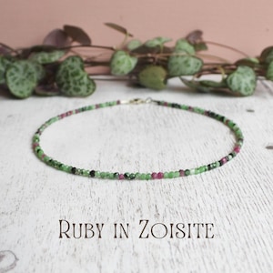 Dainty Ruby in Zoisite Gemstone Anklet: 2mm Crystal Healing, 925, Handmade by Ula Jewellery