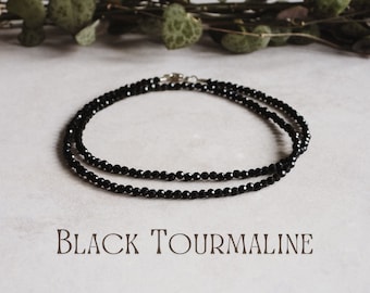 Dainty Black Tourmaline Necklace, Minimalist Crystal Healing Beaded Choker, Protection, October Birthstone, Silver 925, Gemstone Jewellery