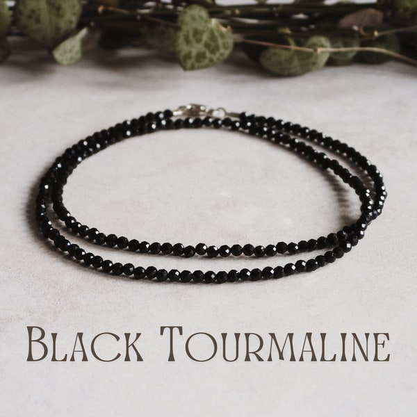 Dainty Black Tourmaline Necklace, Minimalist Crystal Healing Beaded Choker, Protection, October Birthstone, Silver 925, Gemstone Jewellery