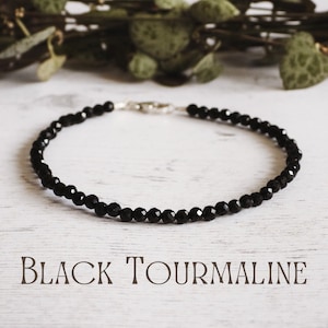 Minimalist Black Tourmaline Bracelet Crystal Gemstone Healing Sterling Silver Protection Anxiety Aura Meditation Bohemian Boho Faceted