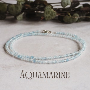 Dainty Aquamarine Gemstone Necklace, Minimalist Crystal Healing Beaded Choker, March Birthstone Birthday Gift Idea, Silver 925, Sea, Worry
