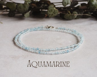Dainty Aquamarine Gemstone Necklace, Minimalist Crystal Healing Beaded Choker, March Birthstone Birthday Gift Idea, Silver 925, Sea, Worry